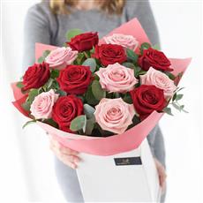 Valentine's 12 Red and Pink Rose Hand-Tied