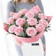 Valentine's 12 Pink Rose Hand-Tied