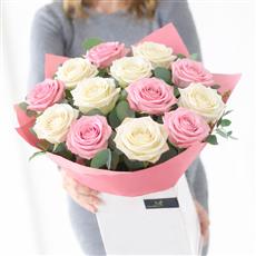 Valentines's 12 Pink and White Rose Hand-Tied
