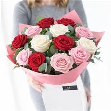 Valentine's 12 Red Pink and White Roses Hand-Tied