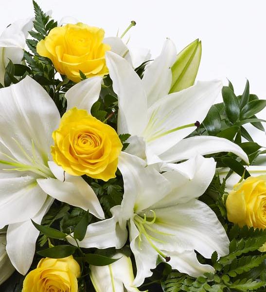 Rose and Lily Spray - Yellow and White - Funeral Flowers Godalming W